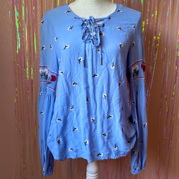 Francesca's Collections Tops - Alya Blue Floral Embroidered Long Sleeve Top